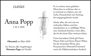 Traueranzeige von Anna Popp von Windsheimer Zeitung Lokal