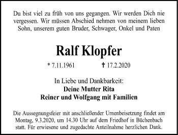 Traueranzeige von Ralf Klopfer von Erlanger Nachrichten Lokal