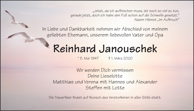  Traueranzeige für Reinhard Janouschek vom 07.03.2020 aus Gesamtausgabe Nürnberger Nachrichten/ Nürnberger Ztg./ Fürther Nachrichten