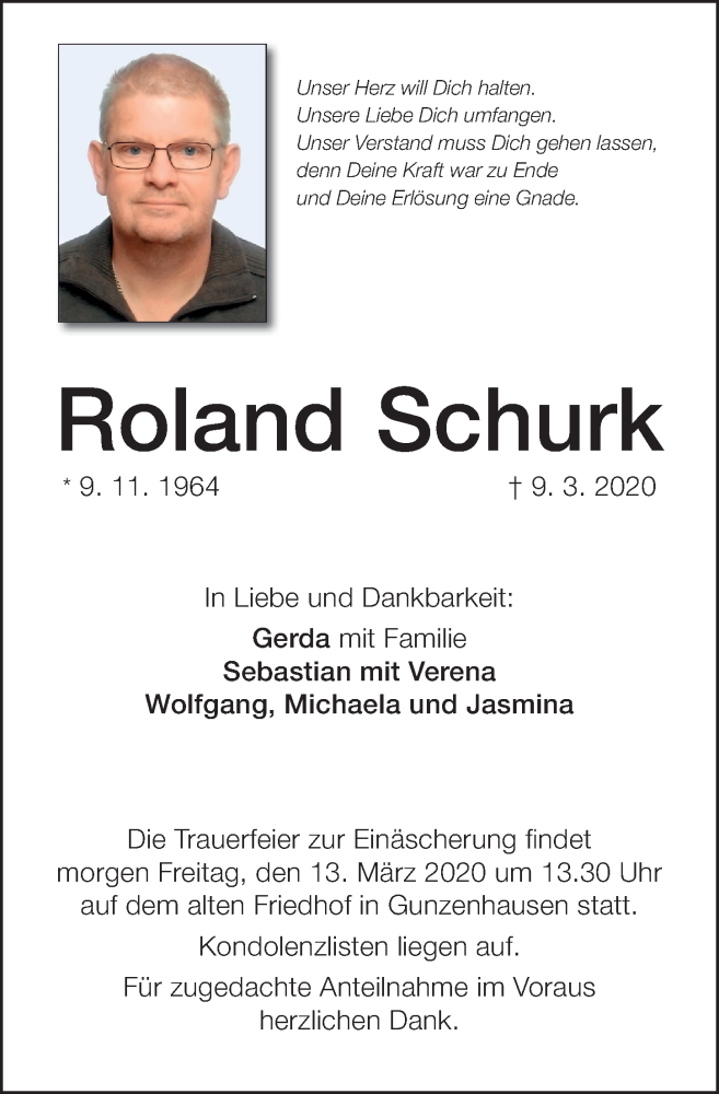  Traueranzeige für Roland Schurk vom 12.03.2020 aus Altmühl-Bote Lokal