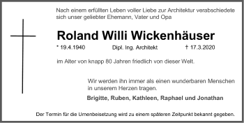 Traueranzeige von Roland Willi Wickenhäuser von Erlanger Nachrichten Lokal