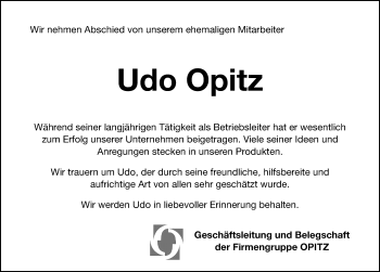 Traueranzeige von Udo Opitz von Roth-Hilpoltsteiner Volkszeitung Lokal