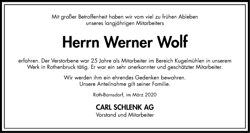  Traueranzeige für Werner Wolf vom 25.03.2020 aus Nordbayerische Nachrichten Pegnitz Lokal