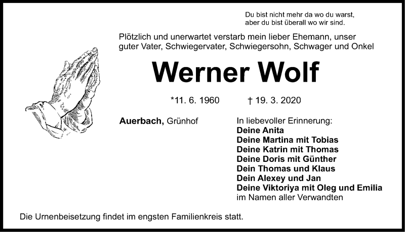  Traueranzeige für Werner Wolf vom 21.03.2020 aus Nordbayerische Nachrichten Pegnitz Lokal