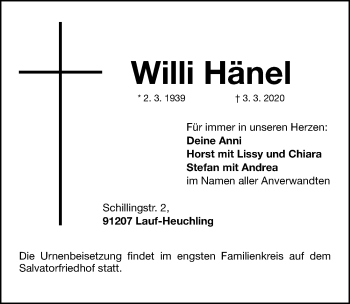 Traueranzeige von Willi Hänel von Gesamtausgabe Nürnberger Nachrichten/ Nürnberger Ztg.