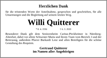 Traueranzeige von Willi Quitterer von Gesamtausgabe Nürnberger Nachrichten/ Nürnberger Ztg.