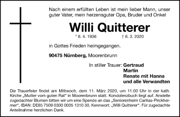 Traueranzeige von Willi Quitterer von Gesamtausgabe Nürnberger Nachrichten/ Nürnberger Ztg.