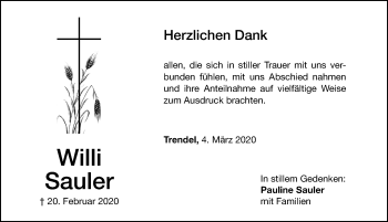 Traueranzeige von Willi Sauler von Altmühl-Bote Lokal