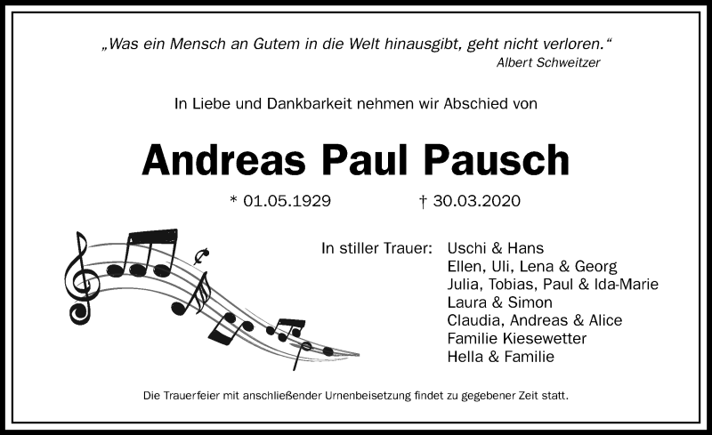  Traueranzeige für Andreas Paul Pausch vom 04.04.2020 aus Gesamtausgabe Nürnberger Nachrichten/ Nürnberger Ztg.