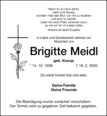 Traueranzeige von Brigitte Meidl von Altmühl-Bote Lokal