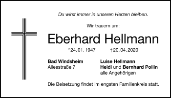 Traueranzeige von Eberhard Hellmann von Windsheimer Zeitung Lokal