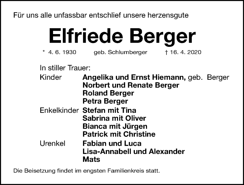  Traueranzeige für Elfriede Berger vom 25.04.2020 aus Gesamtausgabe Nürnberger Nachrichten/ Nürnberger Ztg.