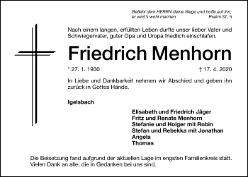 Traueranzeige von Friedrich Menhorn von Altmühl-Bote Lokal