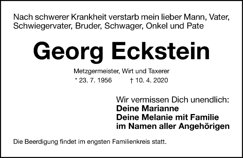  Traueranzeige für Georg Eckstein vom 14.04.2020 aus Gesamtausgabe Nürnberger Nachrichten/ Nürnberger Ztg.