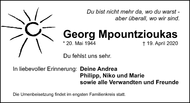  Traueranzeige für Georg Mpountzioukas vom 25.04.2020 aus Gesamtausgabe Nürnberger Nachrichten/ Nürnberger Ztg.