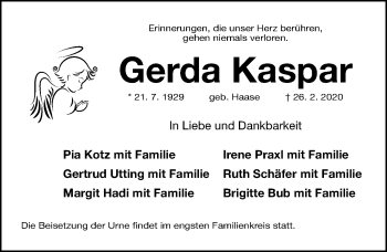 Traueranzeige von Gerda Kaspar von Fürther Nachrichten Lokal