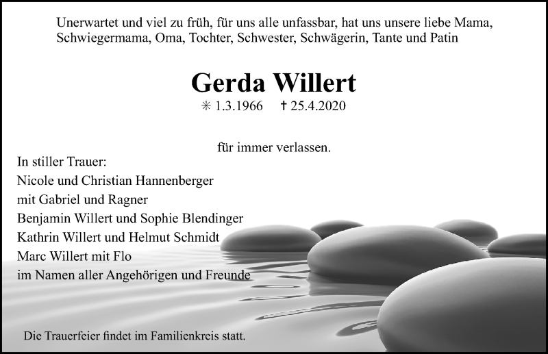  Traueranzeige für Gerda Willert vom 01.05.2020 aus Nordbayerische Nachrichten Herzogenaurach Lokal