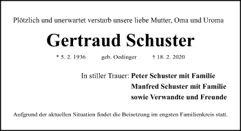 Traueranzeige von Gertraud Schuster von Gesamtausgabe Nürnberger Nachrichten/ Nürnberger Ztg.