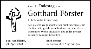 Traueranzeige von Gotthard Förster von Windsheimer Zeitung Lokal