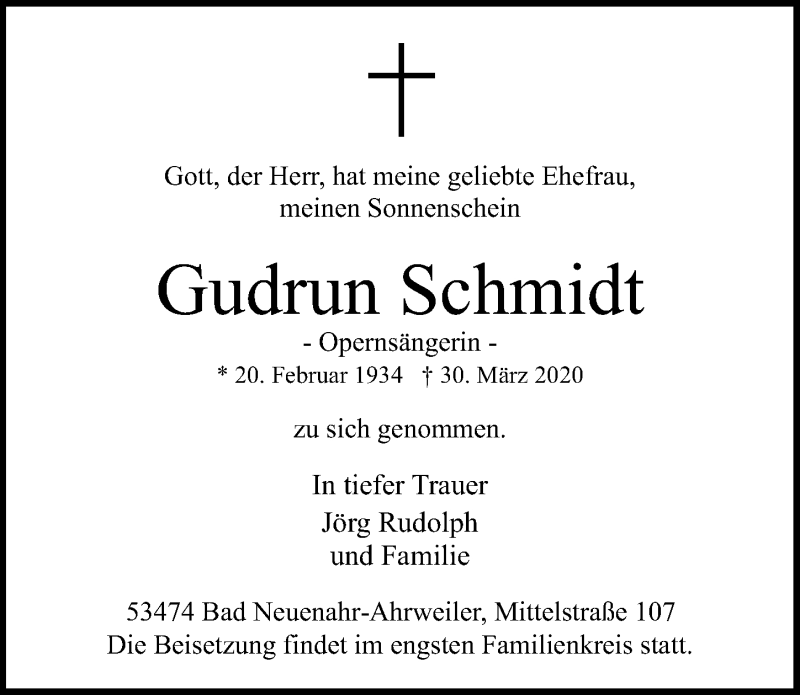  Traueranzeige für Gudrun Schmidt vom 04.04.2020 aus Gesamtausgabe Nürnberger Nachrichten/ Nürnberger Ztg.