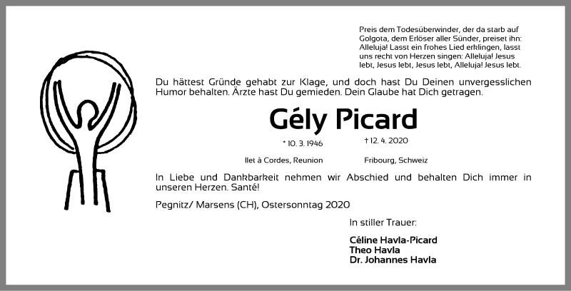  Traueranzeige für Gély Picard vom 14.04.2020 aus Nordbayerische Nachrichten Pegnitz Lokal
