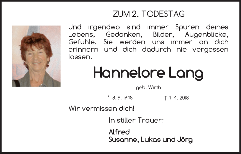  Traueranzeige für Hannelore Lang vom 04.04.2020 aus Schwabach