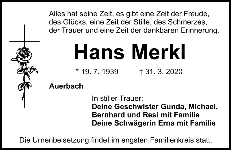  Traueranzeige für Hans Merkl vom 03.04.2020 aus Nordbayerische Nachrichten Pegnitz Lokal