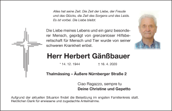 Traueranzeige von Herbert Gänßbauer von Roth-Hilpoltsteiner Volkszeitung Lokal