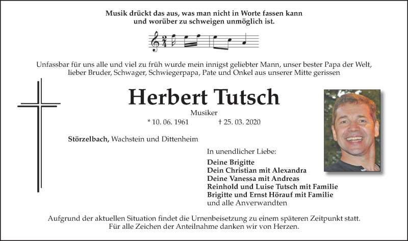  Traueranzeige für Herbert Tutsch vom 28.03.2020 aus Altmühl-Bote Lokal