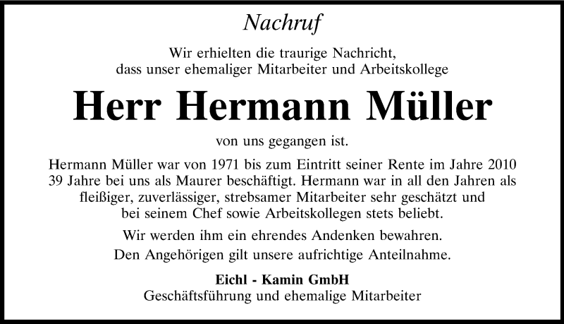  Traueranzeige für Hermann Müller vom 11.04.2020 aus Neumarkter Nachrichten Lokal