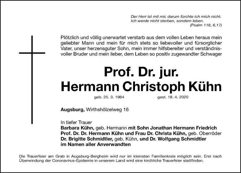  Traueranzeige für Hermann Christoph Kühn vom 23.04.2020 aus Gesamtausgabe Nürnberger Nachrichten/ Nürnberger Ztg.