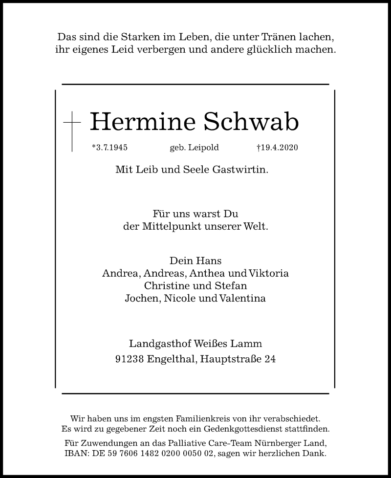  Traueranzeige für Hermine Schwab vom 25.04.2020 aus Gesamtausgabe Nürnberger Nachrichten/ Nürnberger Ztg.