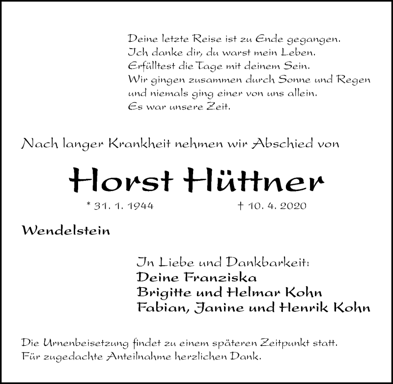  Traueranzeige für Horst Hüttner vom 18.04.2020 aus Gesamtausgabe Nürnberger Nachrichten/ Nürnberger Ztg.