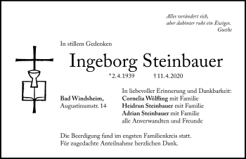 Traueranzeige von Ingeborg Steinbauer von Windsheimer Zeitung Lokal