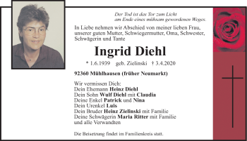 Traueranzeige von Ingrid Diehl von Neumarkter Nachrichten Lokal