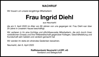 Traueranzeige von Ingrid Diehl von Neumarkter Nachrichten Lokal