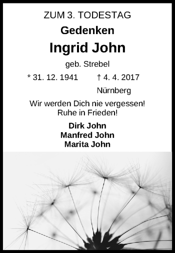 Traueranzeige von Ingrid John von Gesamtausgabe Nürnberger Nachrichten/ Nürnberger Ztg.