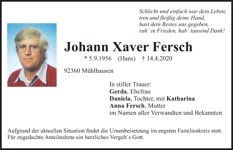  Traueranzeige für Johann Xaver Fersch vom 18.04.2020 aus Neumarkter Nachrichten Lokal