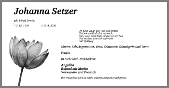 Traueranzeige von Johanna Setzer von Gesamtausgabe Nürnberger Nachrichten/ Nürnberger Ztg.