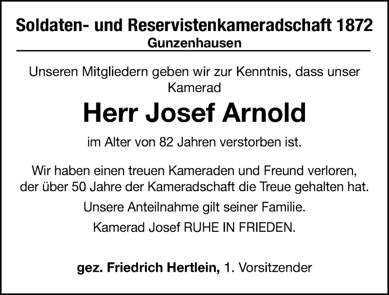  Traueranzeige für Josef Karl Arnold vom 02.04.2020 aus Altmühl-Bote Lokal