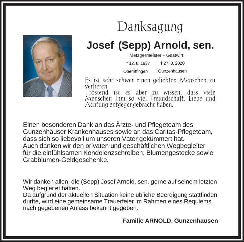 Traueranzeige für Josef Arnold vom 18.04.2020 aus Altmühl-Bote Lokal