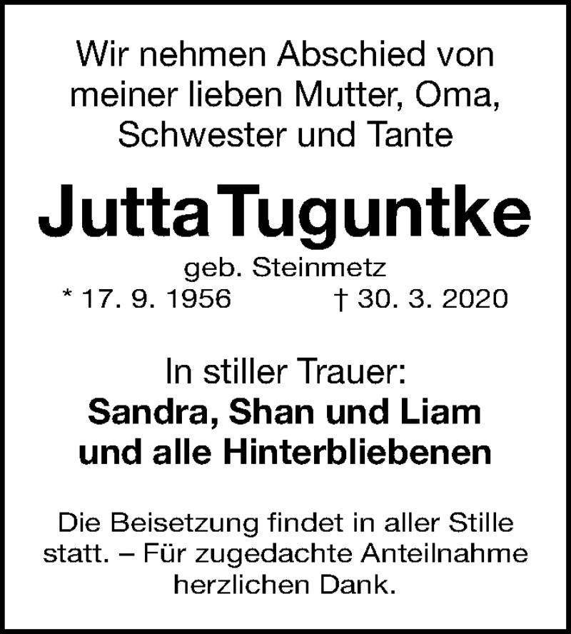  Traueranzeige für Jutta Tuguntke vom 04.04.2020 aus Fürther Nachrichten Lokal