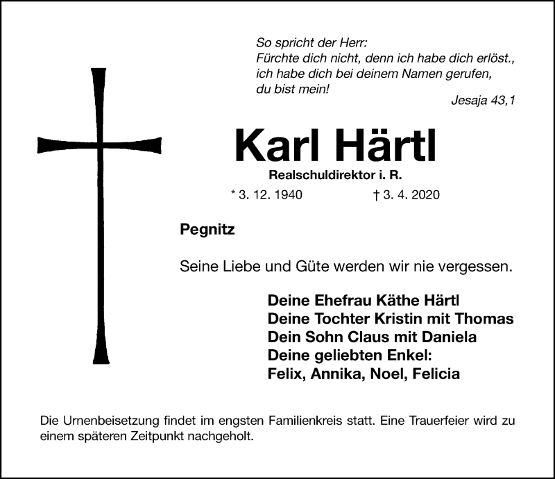  Traueranzeige für Karl Härtl vom 06.04.2020 aus Nordbayerische Nachrichten Pegnitz Lokal