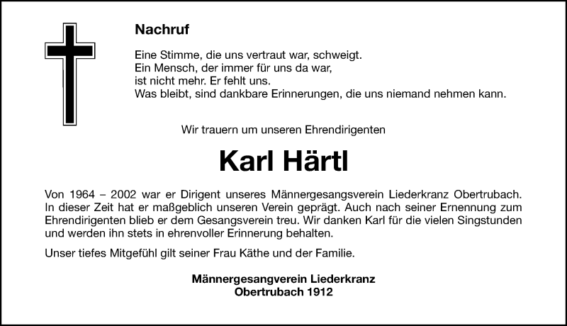  Traueranzeige für Karl Härtl vom 11.04.2020 aus Nordbayer. Nachrichten Forchheim/ Nordbayer. Nachrichten Pegnitz