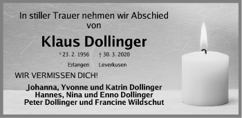 Traueranzeige von Klaus Dollinger von Erlanger Nachrichten Lokal