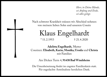 Traueranzeige von Klaus Engelhardt von Windsheimer Zeitung Lokal