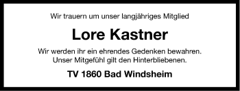 Traueranzeige von Lore Kastner von Windsheimer Zeitung Lokal