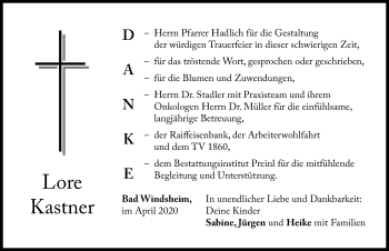 Traueranzeige von Lore Kastner von Windsheimer Zeitung Lokal