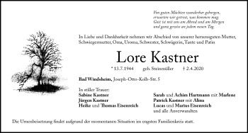 Traueranzeige von Lore Kastner von Windsheimer Zeitung Lokal