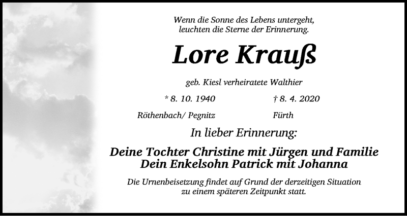  Traueranzeige für Lore Krauß vom 11.04.2020 aus Fürther Nachrichten Lokal